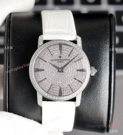 Swiss Grade Copy Vacheron Constantin Traditionnelle Ultra-Thin 33mm Watch Iced Out Silver